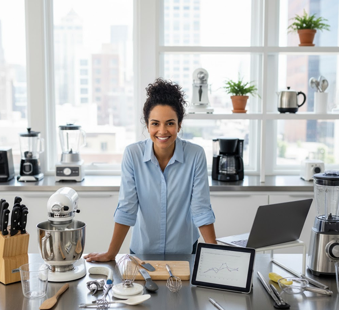 An expert reviewer leaning over a bench full of home goods and technology products smiling in a bright room.